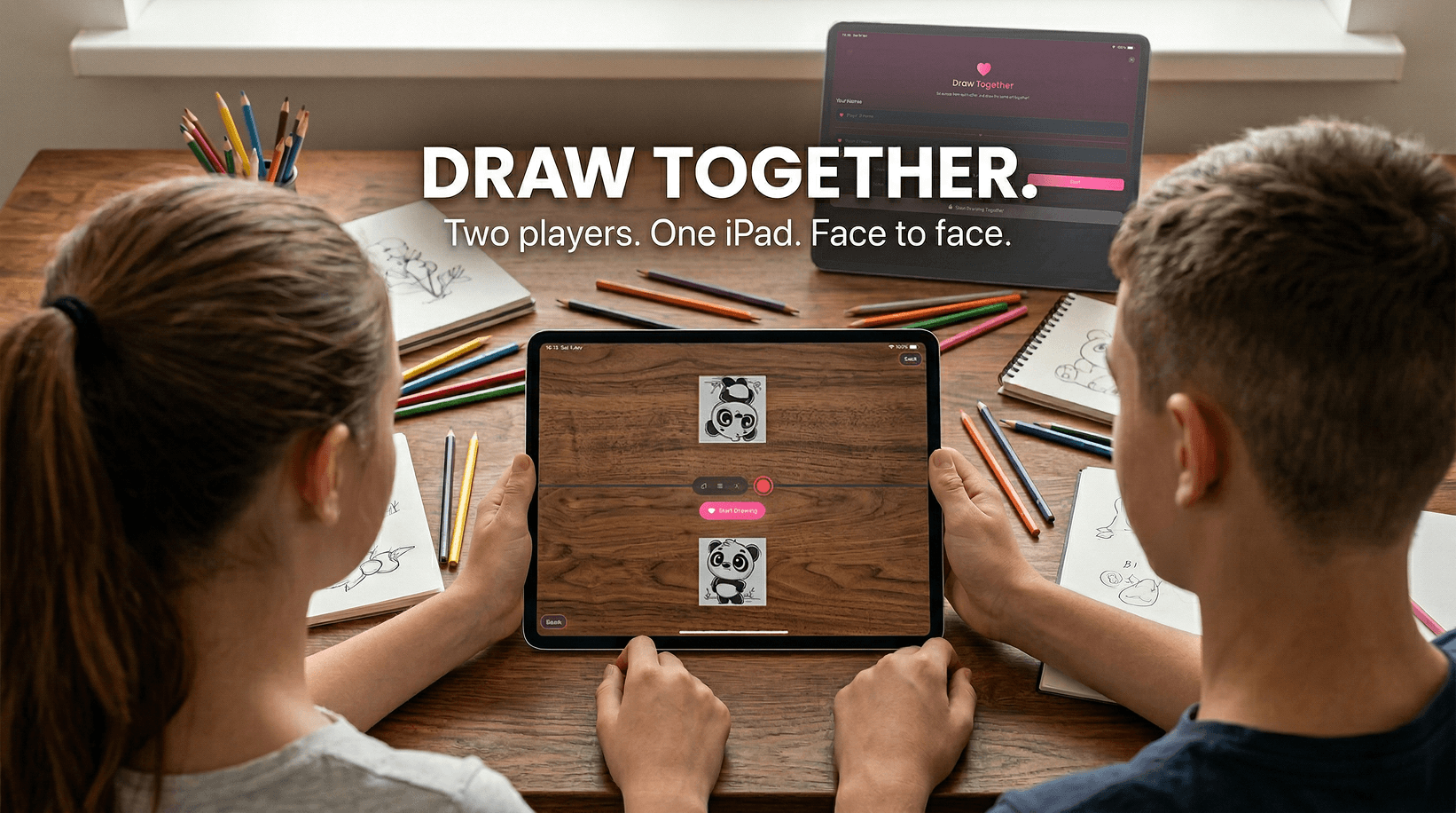 Two players using Draw Together mode face to face on one phone